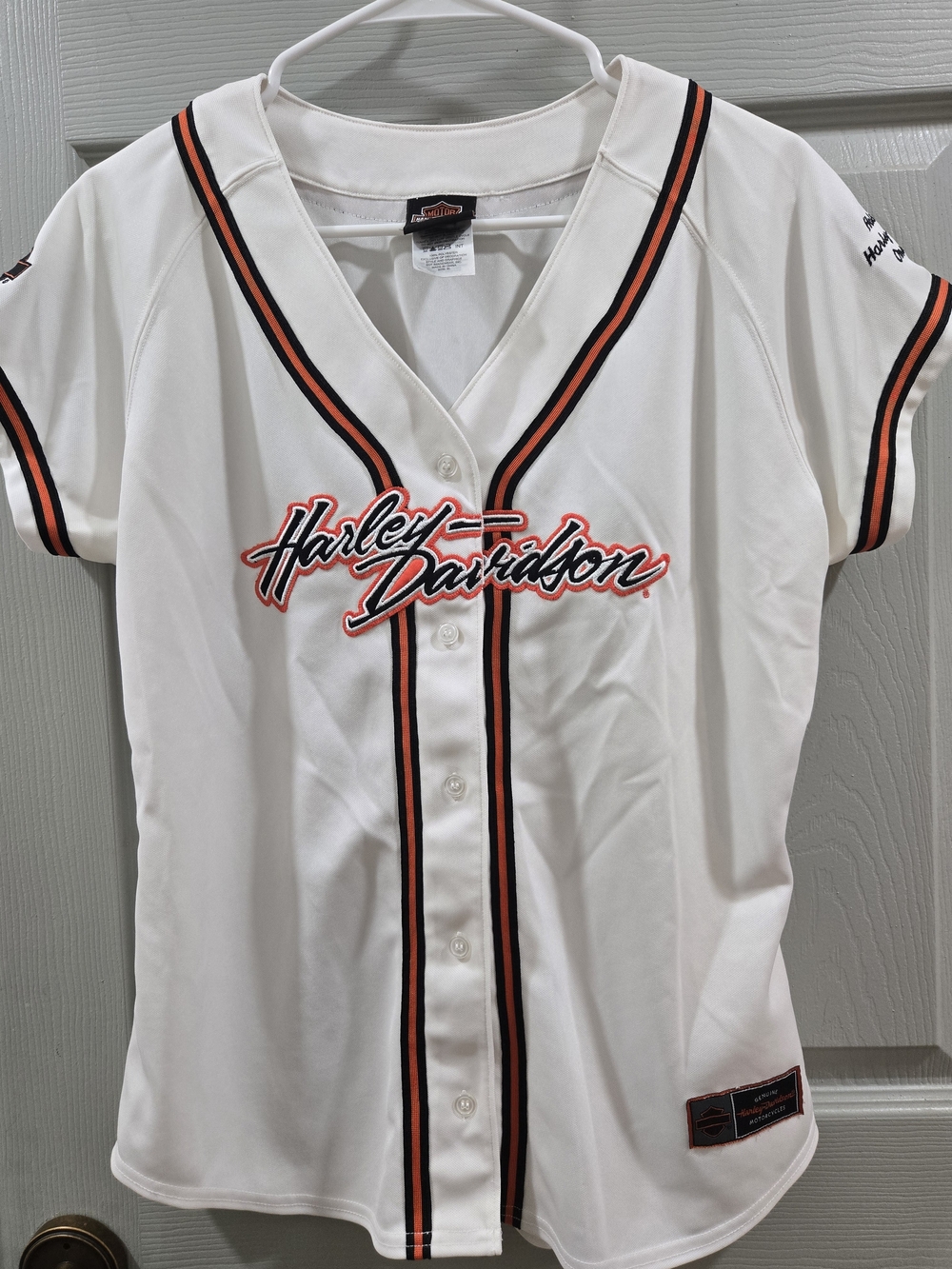 Harley-Davidson White Baseball-Style Jersey with Black & Orange Trim